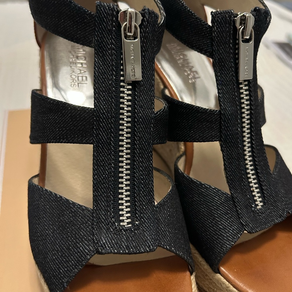 Michael Kors Tan and Navy Denim Wedge Sandals - Picture 4 of 6